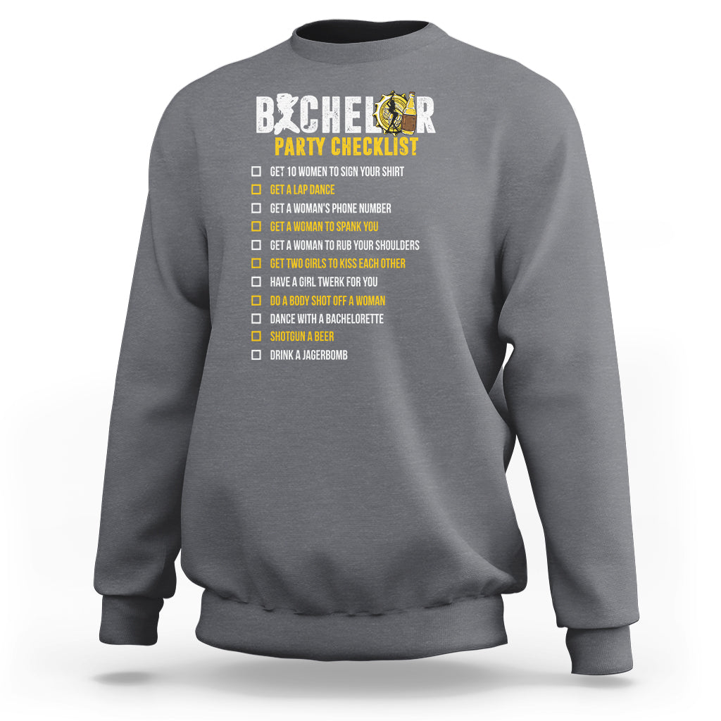 Charcoal crewneck sweatshirt with 'Party Checklist' graphic and checklist text on back