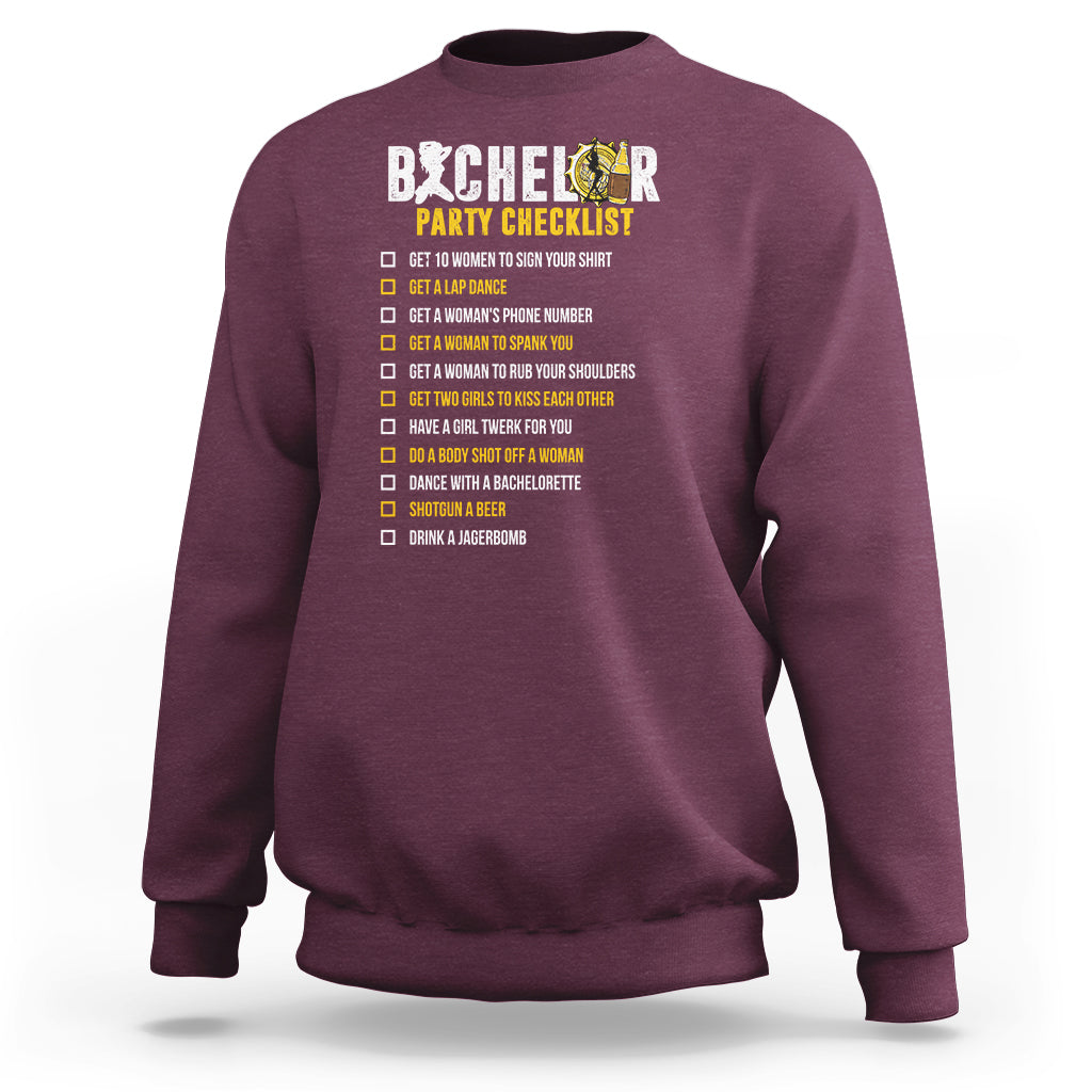 Maroon crewneck sweatshirt with 'Party Checklist' graphic and checklist text on back