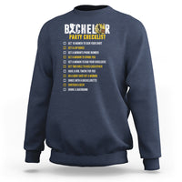 Navy crewneck sweatshirt with 'Party Checklist' graphic and checklist text on back