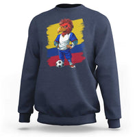 Navy football sweatshirt with lion mascot graphic and soccer ball, crewneck long sleeves