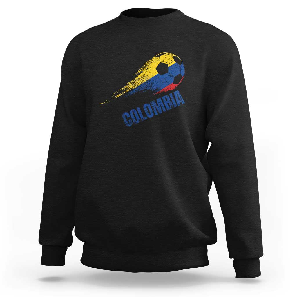 Black crewneck football sweatshirt with Colombia flag graphic on the chest