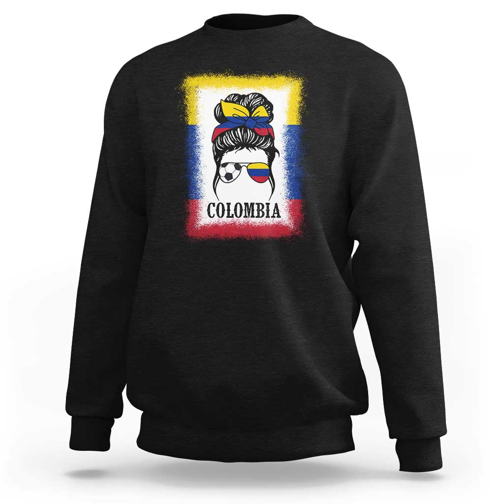 Colombia Football Sweatshirt Colombian Messy Bun Futbol Lover Bleached - Wonder Print Shop