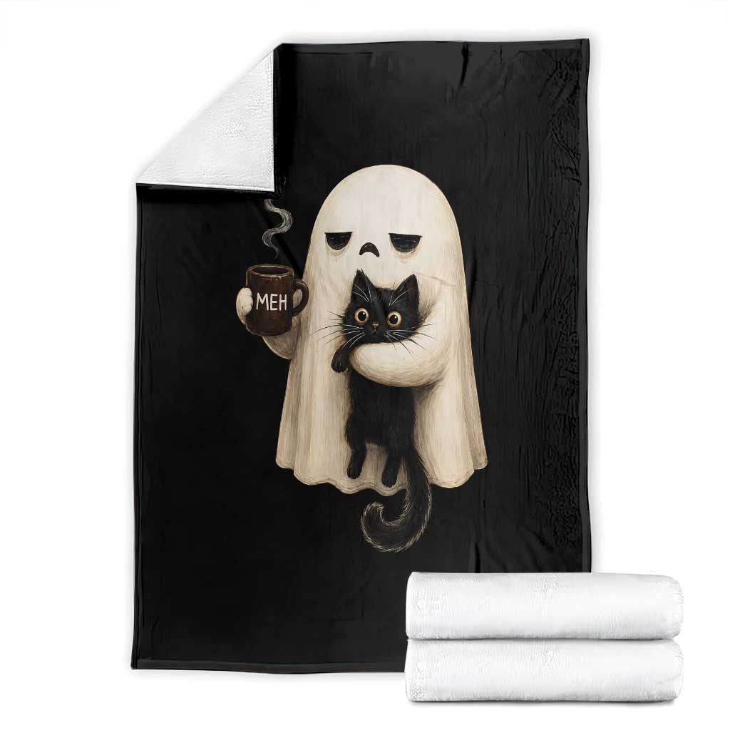 Meh Boojee Sleepy Ghost Holding Black Cat Drinking Coffee Throw Blanket Spooky Halloween Cute Autumn Morning Mood Graphic