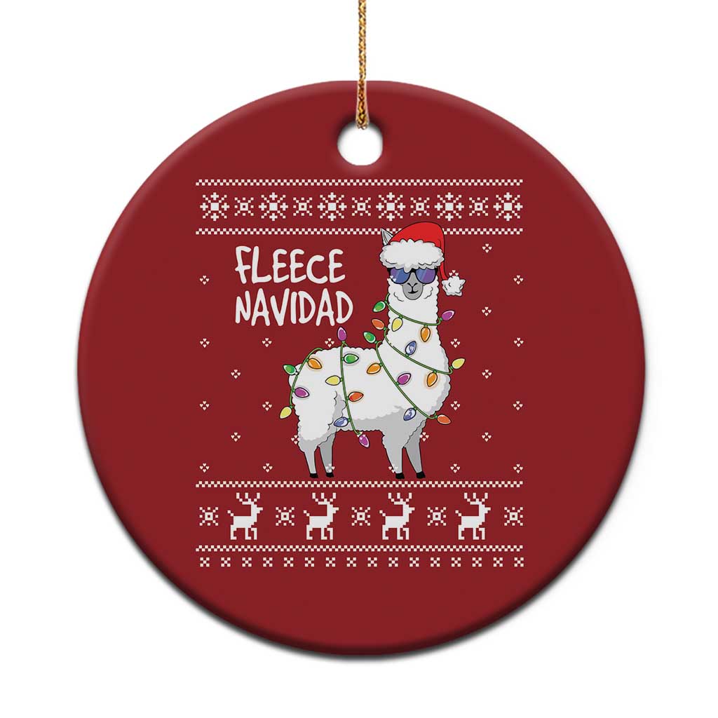 Red circle Christmas ornament with cute llama fleece design and hanging gold loop