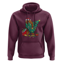 Maroon hoodie with Bigfoot and decorated Christmas tree graphic on front