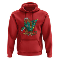 Red hoodie with Bigfoot and decorated Christmas tree graphic on front