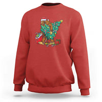 Red Bigfoot Christmas sweatshirt with tree lights, gifts, and candy cane graphic