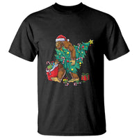 Black T-shirt with Bigfoot in Christmas lights holding gifts graphic