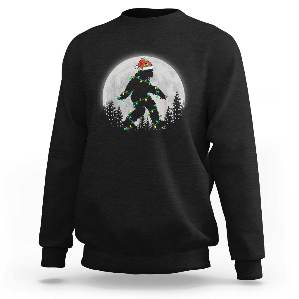 Black Christmas Bigfoot sweatshirt with Santa hat and Christmas lights graphic