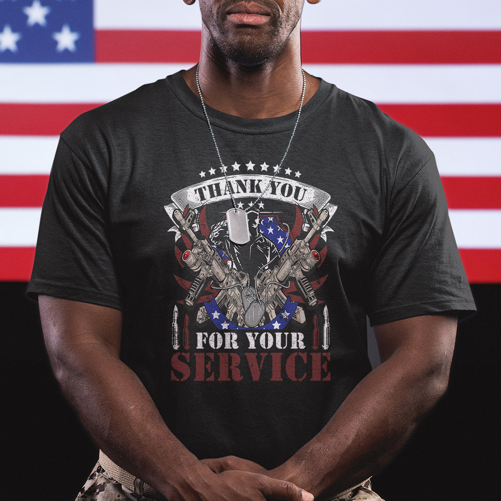 Black crew-neck T-shirt with patriotic “Thank You For Your Service” graphic