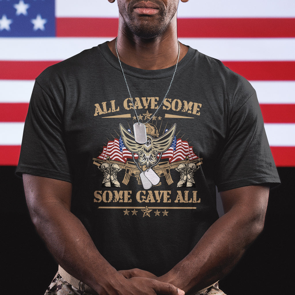 Black Veterans Memorial Day T-shirt with eagle, US flags, and 'All gave some' text