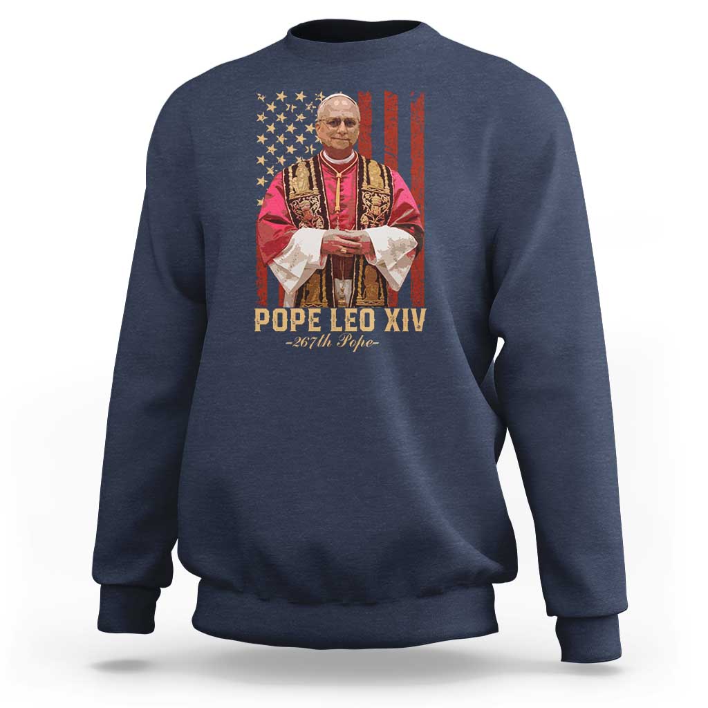 Navy pullover sweatshirt with Pope portrait graphic over American flag and 'POPE LEO XIV' text