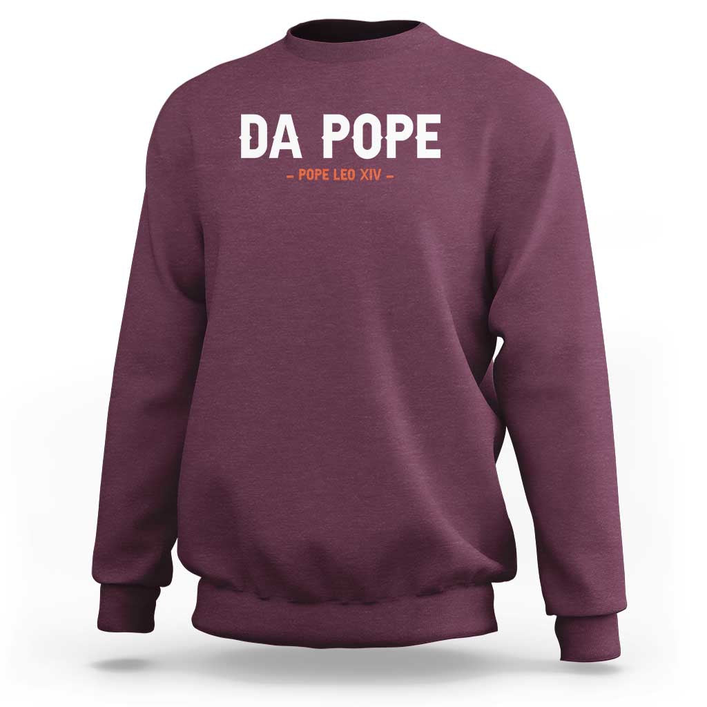 Maroon crewneck sweatshirt with front “DA POPE” text and small “Pope Leo XIV” line