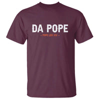 Maroon graphic t-shirt with "DA POPE" and "POPE LEO XIV" print