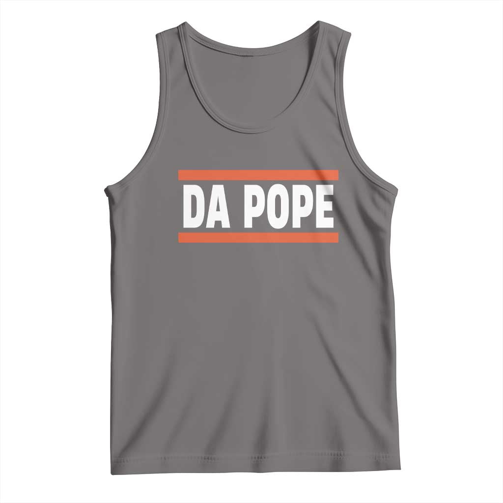 Gray tank top with bold “DA POPE” graphic in orange stripes