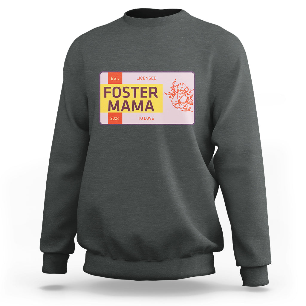 Charcoal gray sweatshirt with “Foster Mama” back graphic