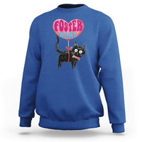 Royal blue sweatshirt with foster cat mama graphic, crew neck and ribbed cuffs