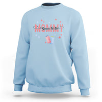 Light blue maternity sweatshirt with “Soon To Be” graphic, baby shoes, and star accents