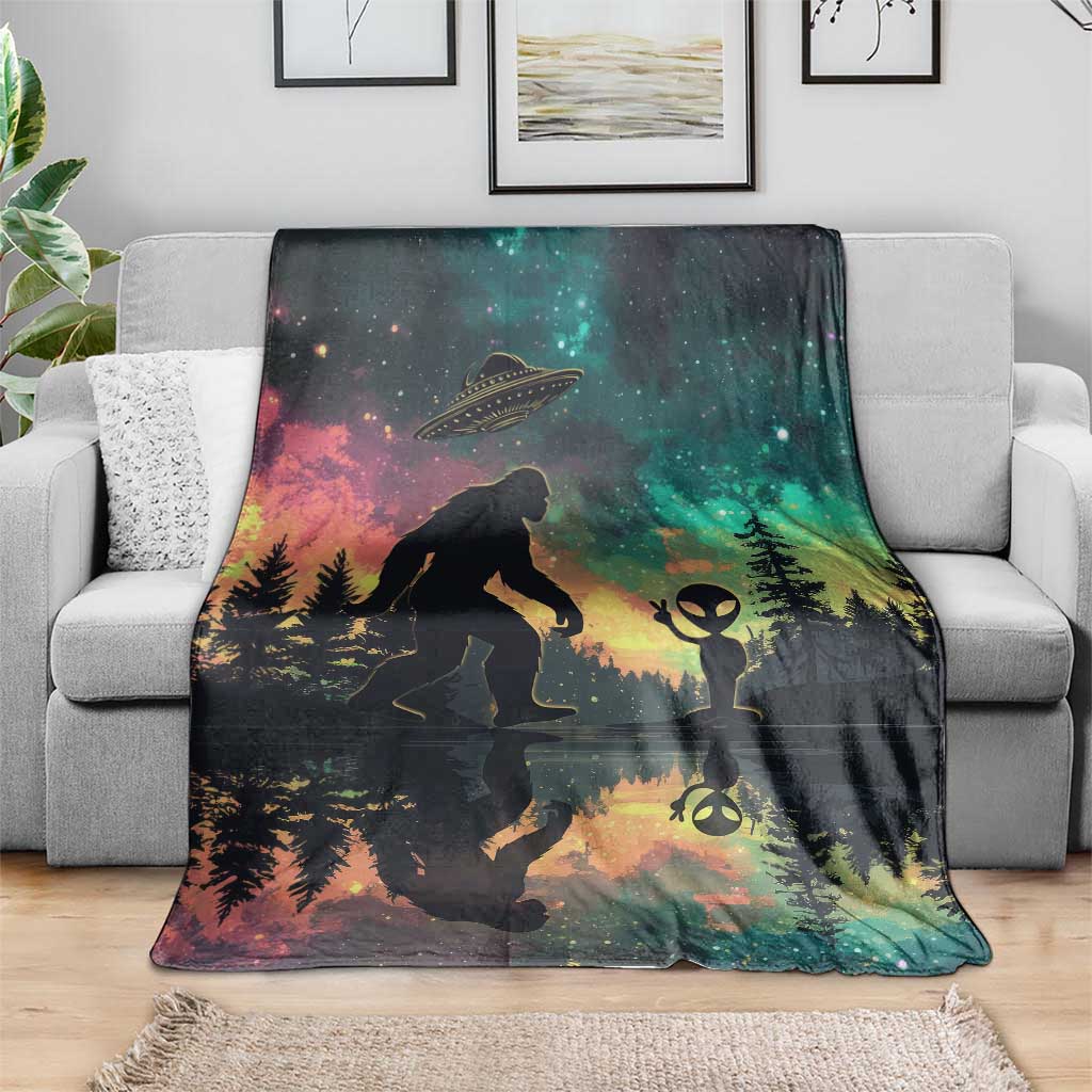 Bigfoot and Alien Throw Blanket UFO Themed