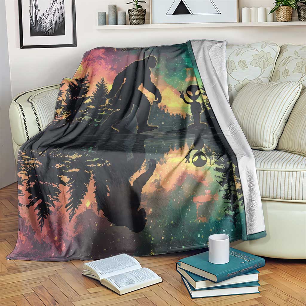 Bigfoot and Alien Throw Blanket UFO Themed