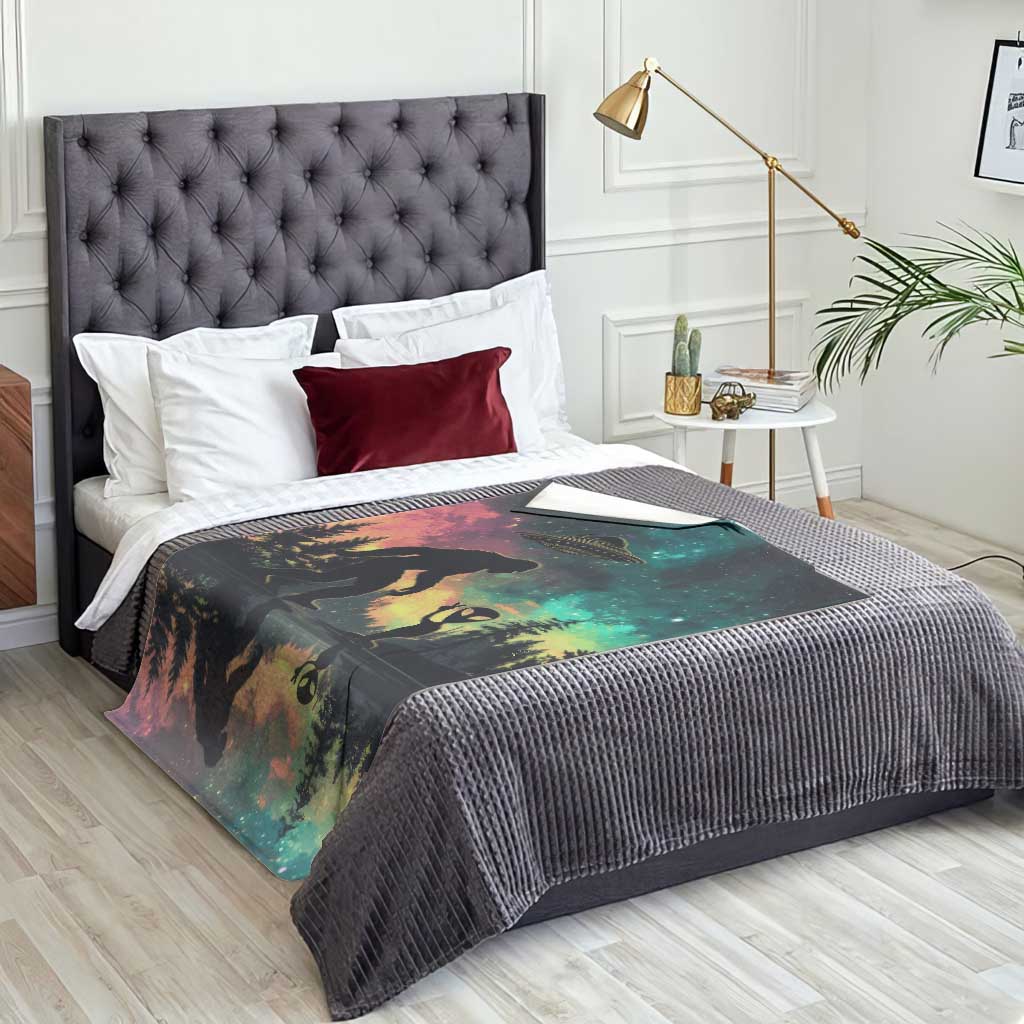 Bigfoot and Alien Throw Blanket UFO Themed