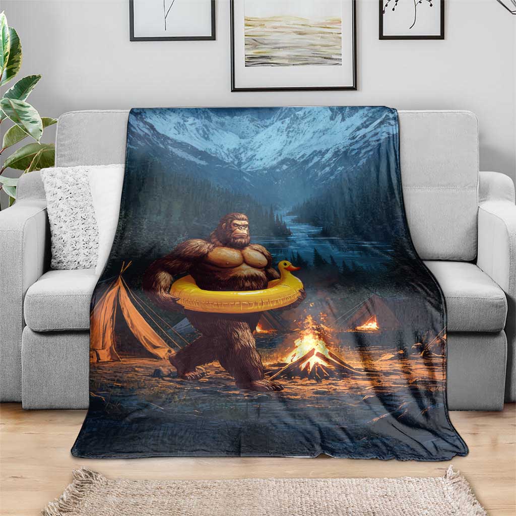 Funny Bigfoot with Duck Floatie Throw Blanket Sasquatch Camping Night