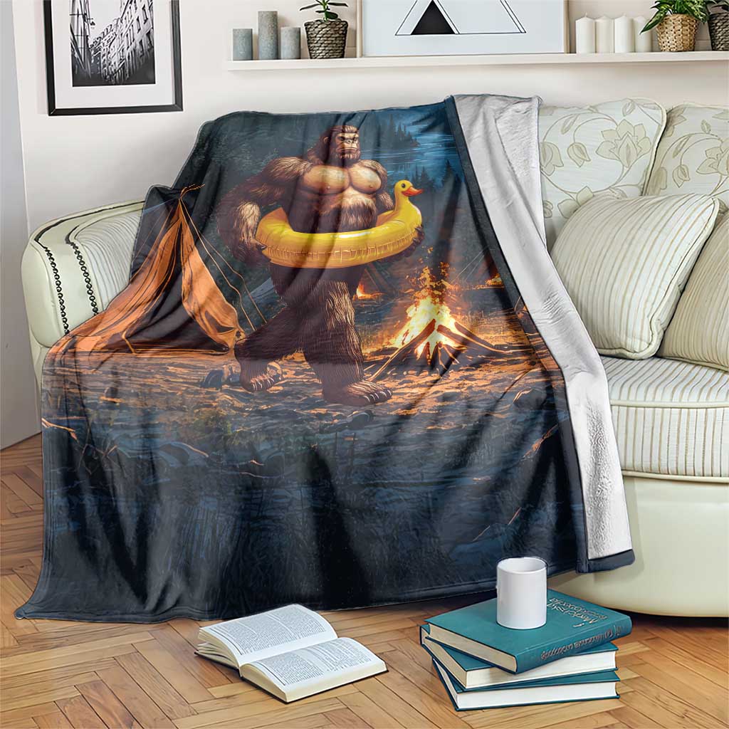 Funny Bigfoot with Duck Floatie Throw Blanket Sasquatch Camping Night