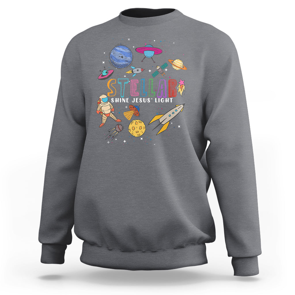 Gray crewneck sweatshirt with colorful space-themed front graphic and logo