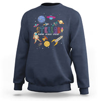 Navy crewneck sweatshirt with colorful space-themed front graphic and logo