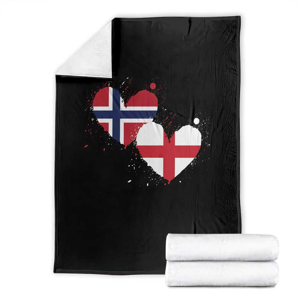 Distressed Norway and England Crossed Flags Dual Heart Graphic Throw Blanket Love Half Norwegian Half English Pride