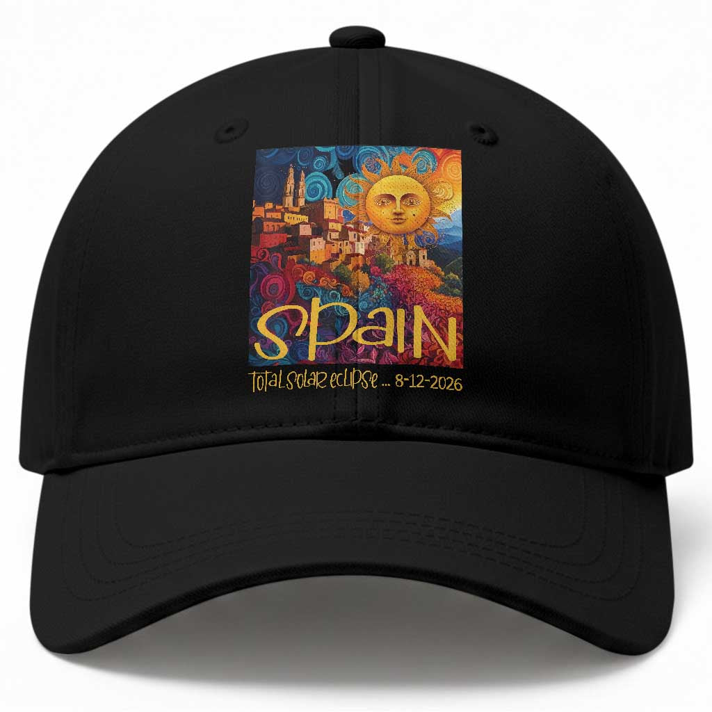 Spain 2026 Total Solar Eclipse Sun Face Graphic Baseball Cap Espana Totality Travel Memorabilia Astronomy Geek Gift