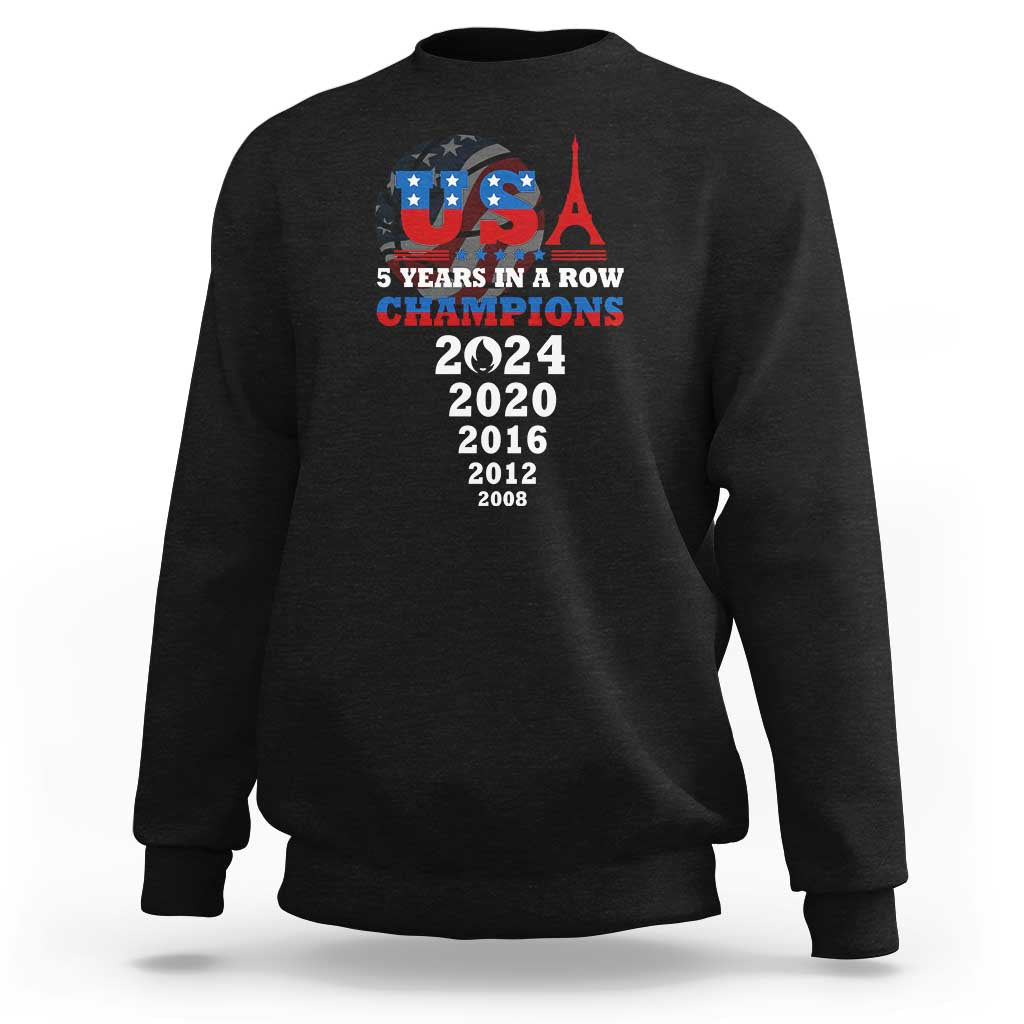 Black crewneck sweatshirt with USA flag champion graphic and years text