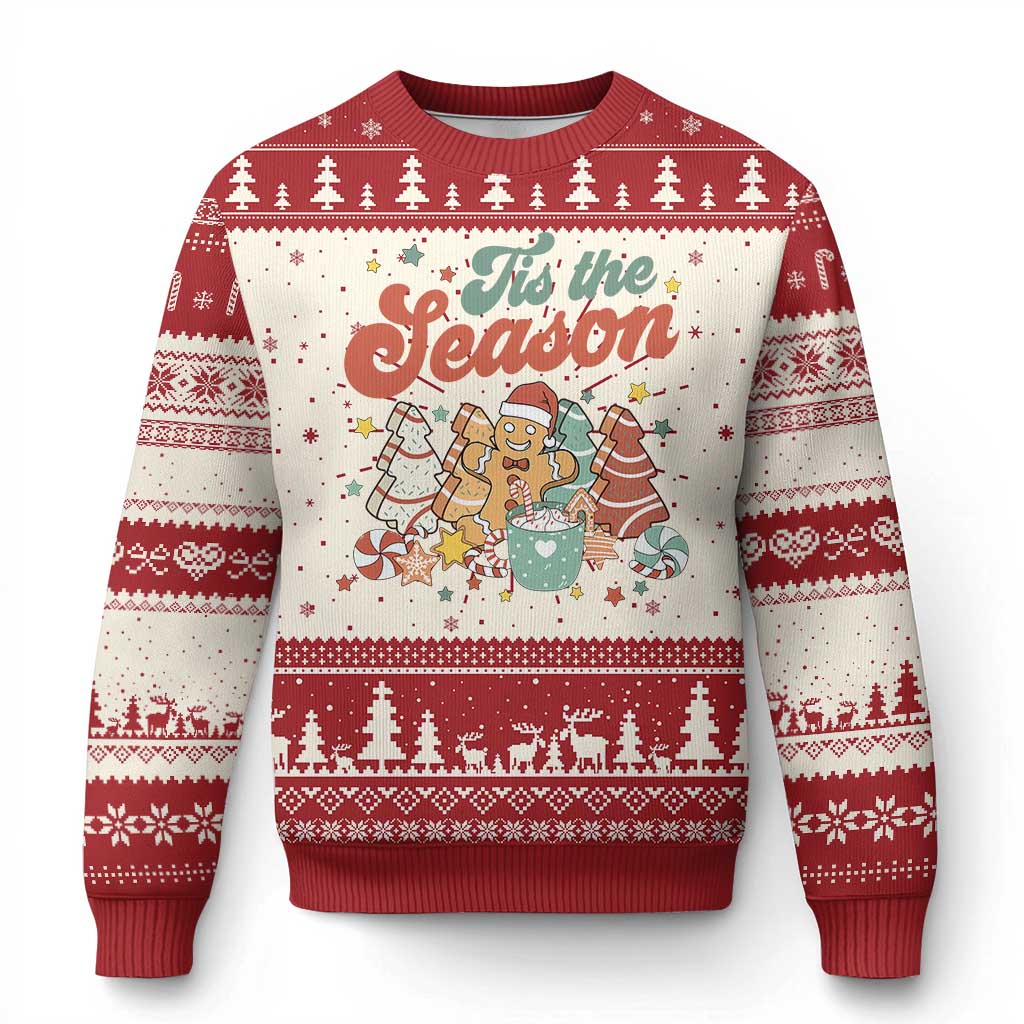 Red and cream Christmas ugly sweater with “Tis the Season” and gingerbread figures