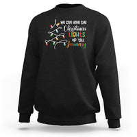Black crewneck sweatshirt with colorful Christmas lights graphic and 'up till January' text