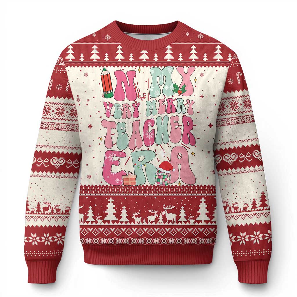 Red holiday ugly teacher sweater with “Merry Teacher” graphic and tree pattern