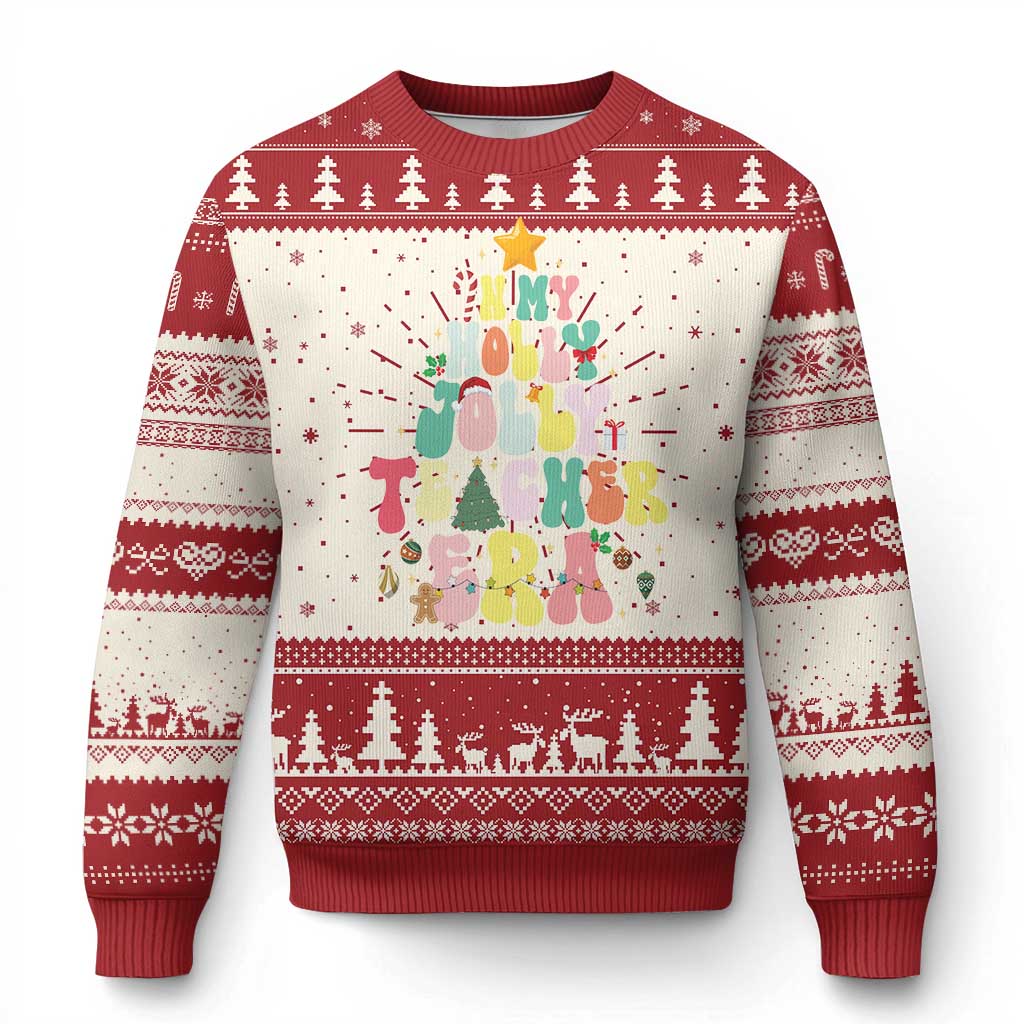Red and cream ugly Christmas sweater with colorful tree graphic and fair-isle trim