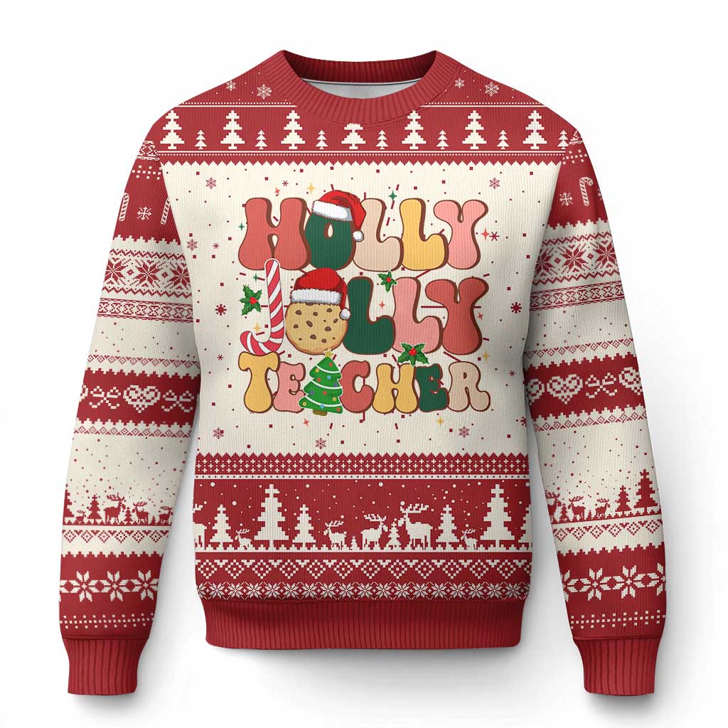 Red and cream ugly Christmas sweater with reindeer, trees, and holiday text graphic