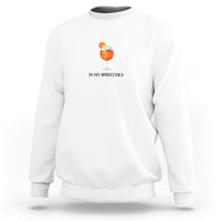 White crewneck sweatshirt with small orange drink graphic and “IN MY SPRITZ ERA” text