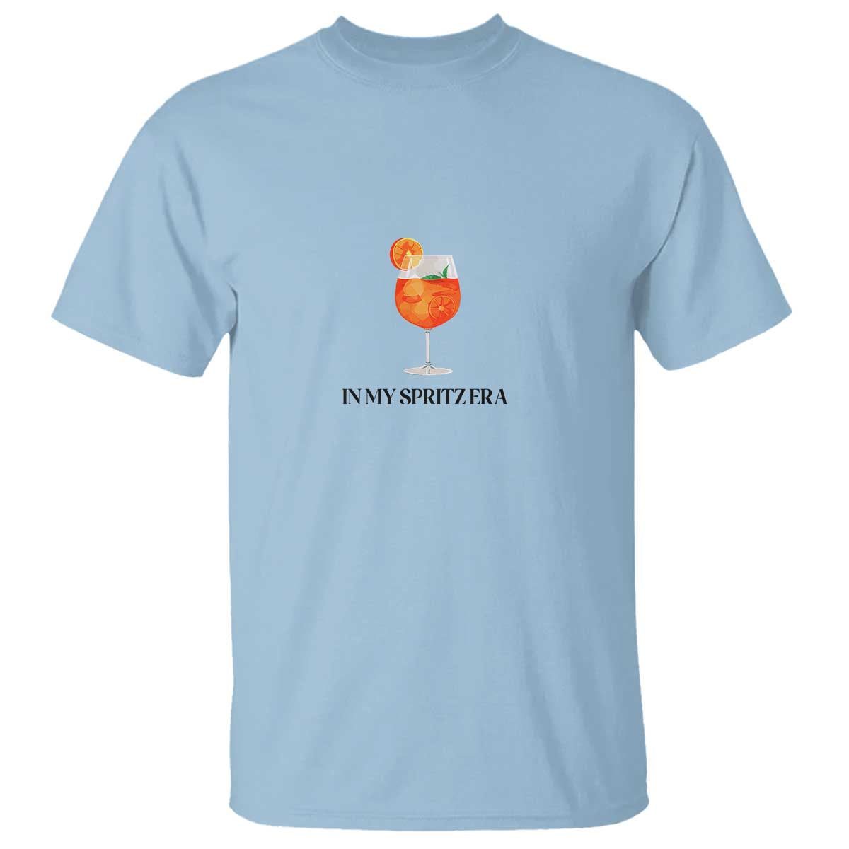 Light blue crewneck t-shirt with orange cocktail graphic and text "IN MY SPRITZ.ERA"