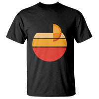 Black crew-neck T-shirt with retro sunset graphic in orange, yellow, and red.