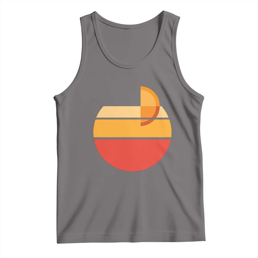 Gray tank top with colorful retro sunset graphic in orange and red