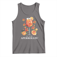 Dark gray graphic tank top with Aperorollin cocktail print and 'They see me' text