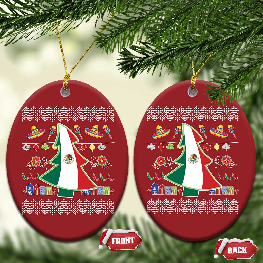 Two red oval ornaments with Mexican flag design and festive border pattern.