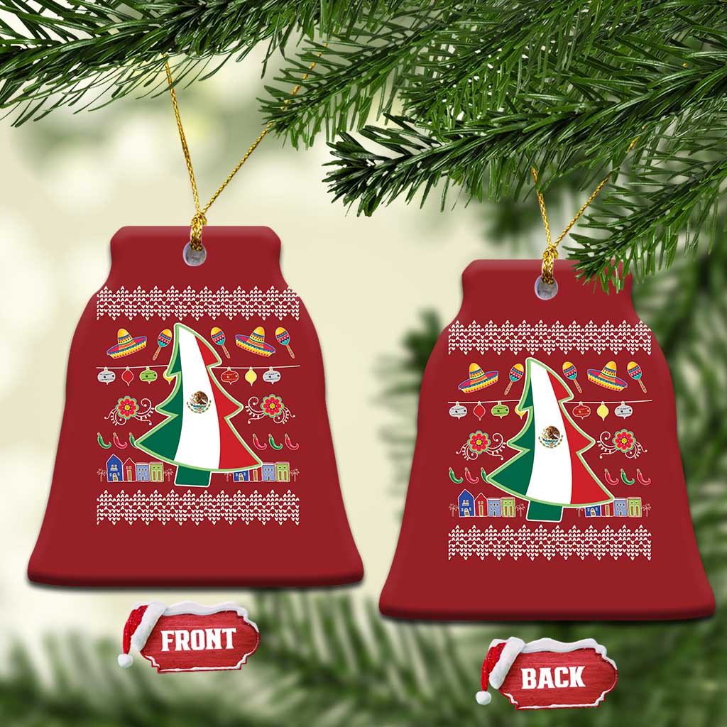 Two red bell-shaped ornaments with Mexican flag design and festive border.