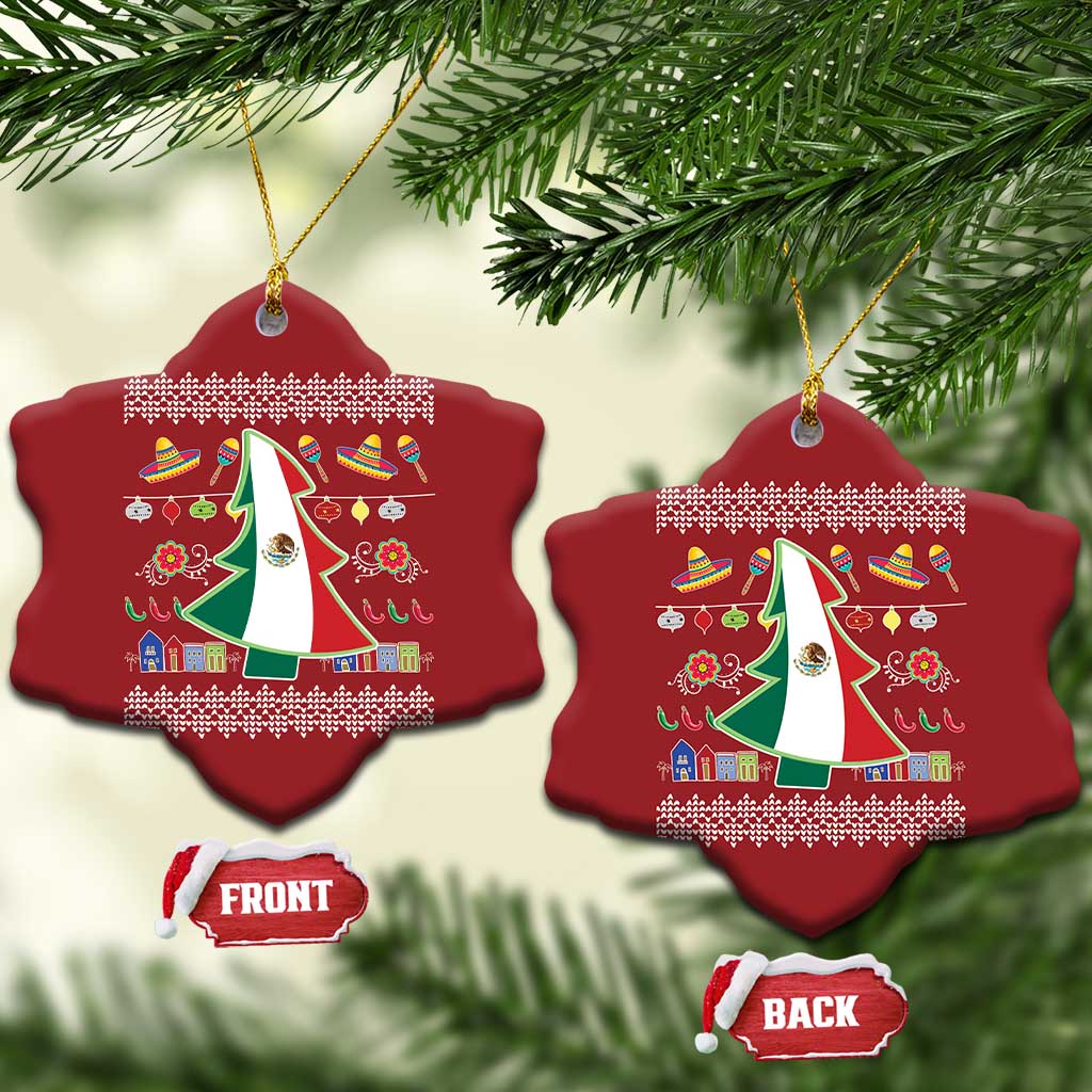 Two red scalloped ornaments with Mexican flag design and dotted festive border.