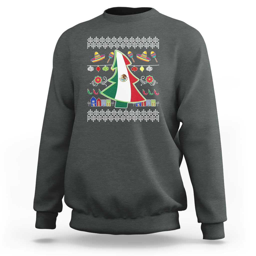 Dark heather crewneck sweatshirt with Mexican flag Christmas tree graphic and festive icon border.