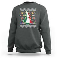 Dark heather crewneck sweatshirt with Mexican flag Christmas tree graphic and festive icon border.