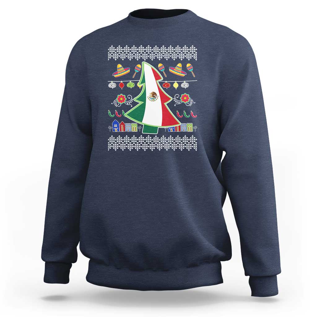 Navy crewneck sweatshirt with Mexican flag Christmas tree graphic and festive icon pattern.