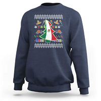 Navy crewneck sweatshirt with Mexican flag Christmas tree graphic and festive icon pattern.