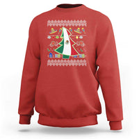 Red crewneck sweatshirt with Mexican flag Christmas tree graphic and holiday icon border.